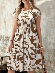 Vestido corto casual de mujer con cuello redondo y estampado geométrico de manga corta, primavera/verano - Marrón - Ver 1