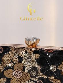 Glintelle 黑色金亮片花卉晚宴包，复古奢华亮片花卉刺绣手拿包，配有可拆卸链条肩带，适合派对、婚礼、晚宴等正式场合（花卉印花/随机印花） - 黑色 - 查看 6