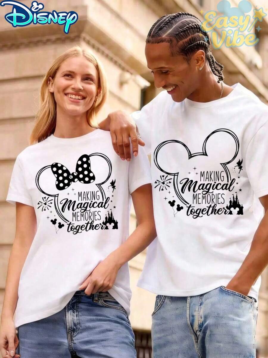 Disney "Making Magical Memories Together" Mickey & Minnie Ears Cartoon Print - Men's White T-shirt - View 1