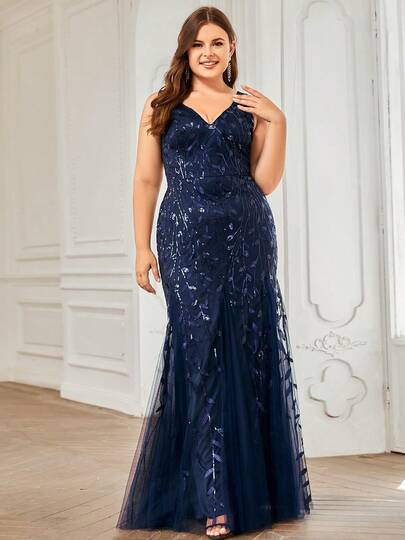 EVERPRETTY Vestido de Noche Elegante Talla Grande con Lentejuelas Florales, Cuello en V y Cola de Sirena, Adecuado para Fiestas Nocturnas, Bodas, Invitados y Ocasiones Formales