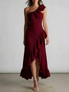 2026 Summer New Ruffled Pleated Elegant Dress For Women - 酒紅色 - 查看 1
