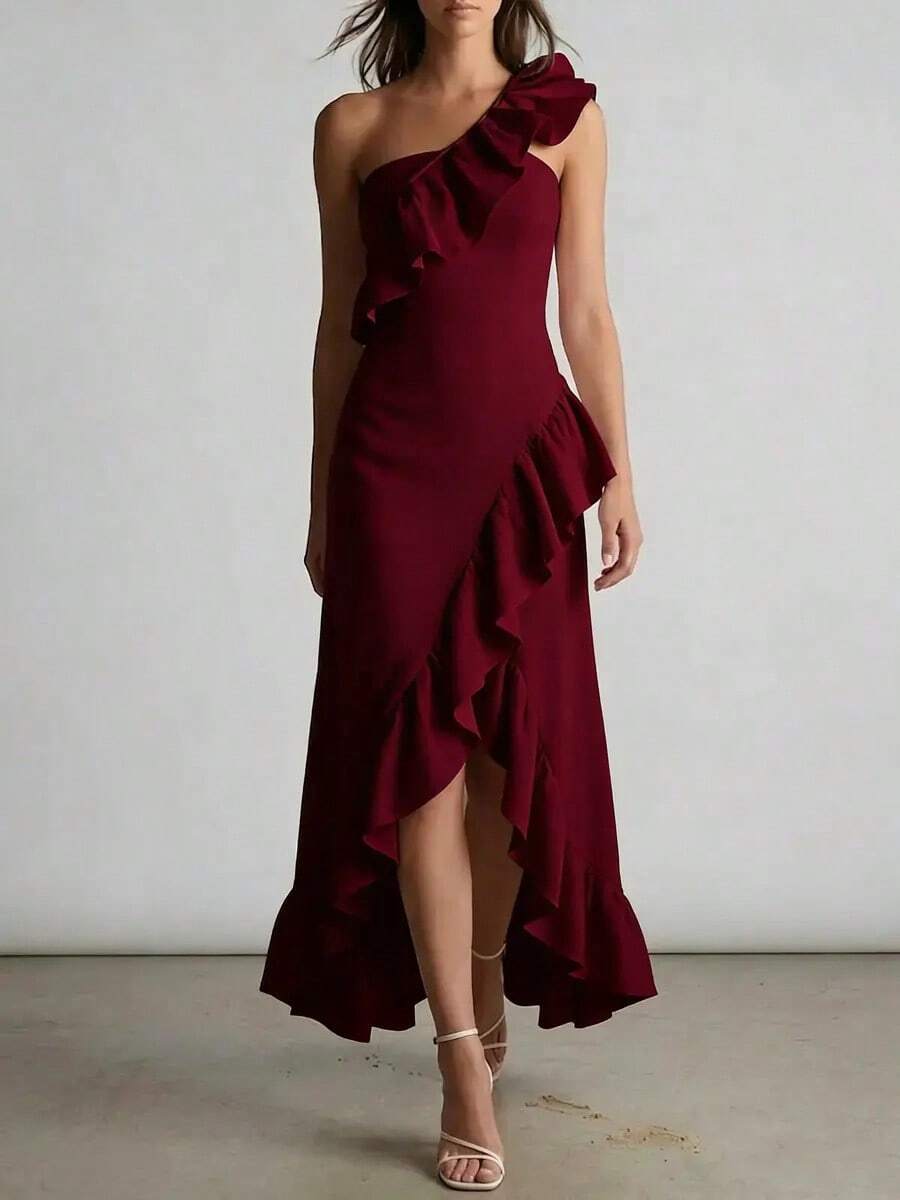 2026 Summer New Ruffled Pleated Elegant Dress For Women - 酒紅色 - 查看 1