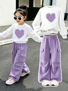 Young Girl Round Neck Heart Print Long Sleeve Sweatshirt And Long Pants Casual Daily Set - Purple - View 1
