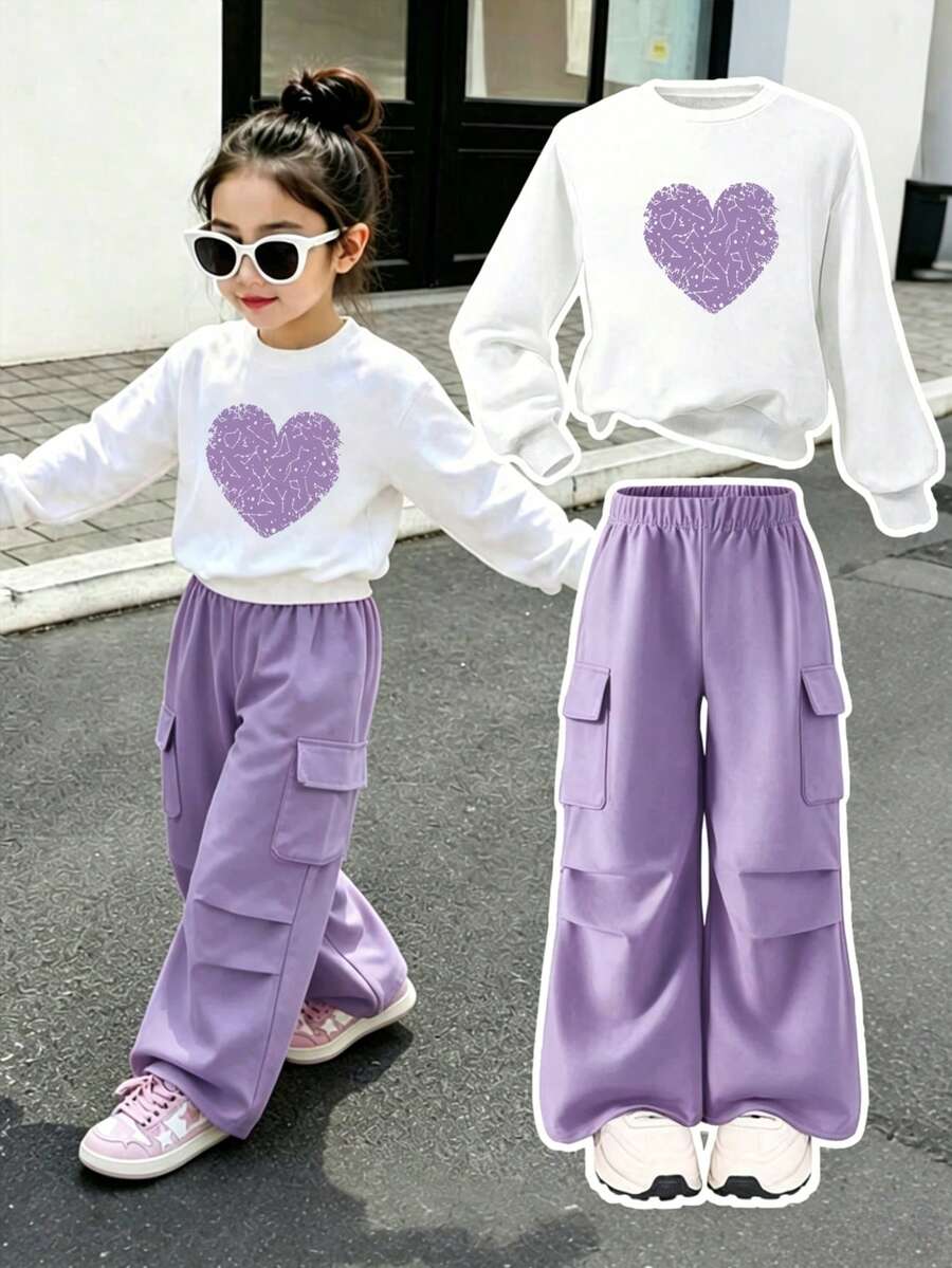 Young Girl Round Neck Heart Print Long Sleeve Sweatshirt And Long Pants Casual Daily Set - Purple - View 1