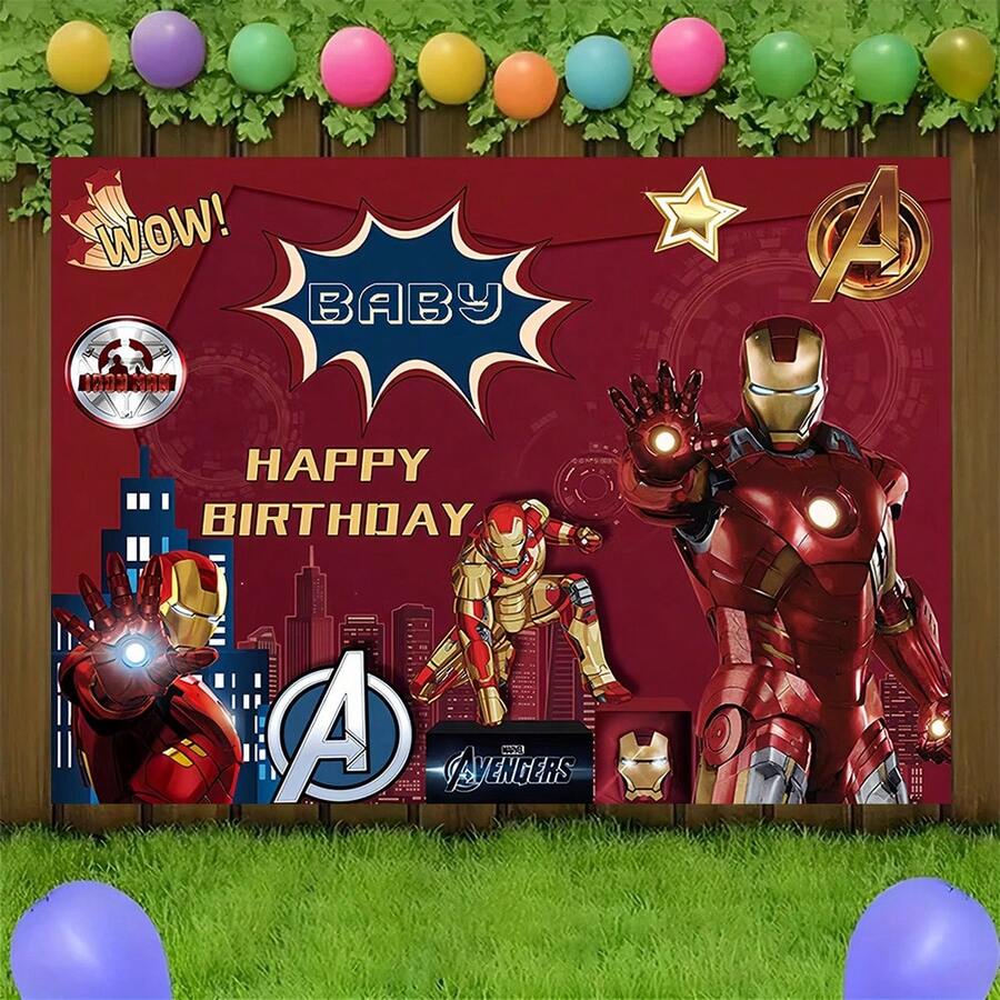 1pcs M Arvel I Ron Man Happy Birthday Backdrop Avengers Superhero Theme Party Background Anime Character Photography Prop Boy Bedroom Bedside Wall Tapestry Outdoor Yard Gathering Decoration Geek Fan Room Wall Hanging Supplies - A - Xem 1