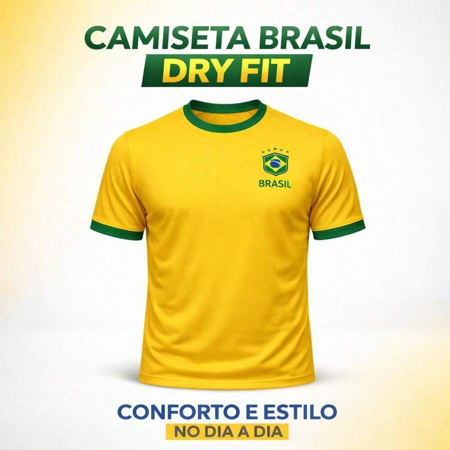 Yellow Dry Fit T-Shirt Of The Brazilian Men's National Team With A Round Neck And Short Sleeves, A Basic Outfit For Football Fans At Parties. - 黃色 - 查看 1