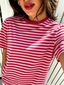 Loose Plus Size Pink & Burgundy Striped Print Women Casual Round Neck Short Sleeve T-Shirt, Fashion Top For Spring/Summer - Multicolor - View 3