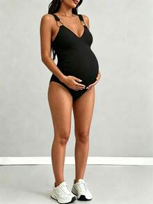 Parara Maternity Sleeveless V-Neck Elastic Bodysuit Black Summer - Black - View 2
