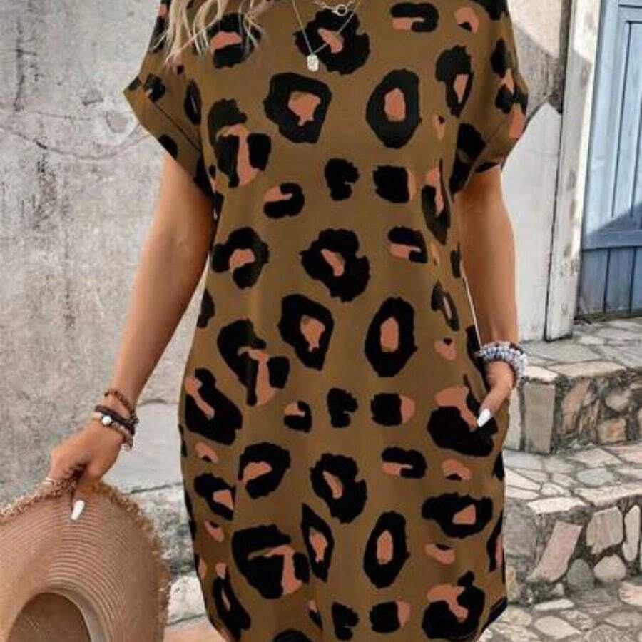 ghadjgyjad  Vestido corto casual de mujer con estampado de lunares, verano - Marrón - Ver 1