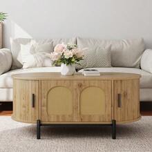 Oval Coffee Table With Rattan, Sliding Doors, Wood Look, Metal Legs, Multifunctional Living Room Table With Storage Space - Natural - 查看 3