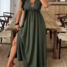 guang zhou mi qian shang mao Weeklong Vestido casual de talla grande de unicolor con cuello en V y mangas cortas, de estilo minimalista - verde militar - Ver 4