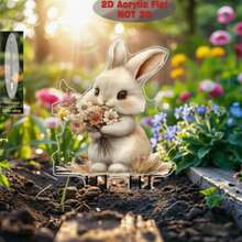 Flower-Holding Bunny Acrylic Garden Stake, 2D Flat Printed Rabbit Decoration, Waterproof Backyard Lawn Ornament - J - View 6