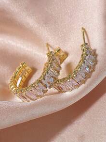 Nooxian 1 Pair Women's C-Shaped Copper Inlaid Rectangular Zirconia Hoop Earrings, Everyday Basic Hoop Accessory - Golden - View 7