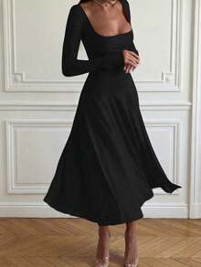 Floreya Plus Size Elegant Casual Daily Commute Spring/Summer New Short Sleeve Fitted Dress, French Retro High-End Elegant Slimming Dress Black - Black - View 4