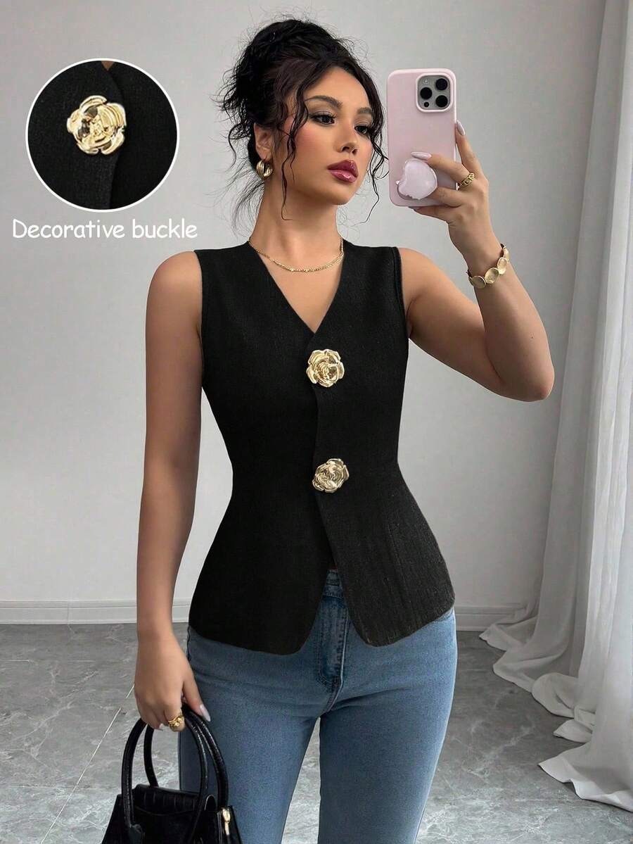 Blusa exterior con cuello en V ajustada con decoración de botones dorados con rosas - Negro 2 - Ver 1