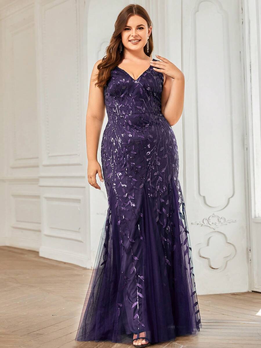 EVERPRETTY Plus Size Elegant Luxury Heavy Embroidery Floral Sequin V-Neck Mermaid Formal Evening Gown, Suitable For Dinner, Party, Wedding Guest, Formal Occasions - Purple - View 1