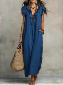 Women's Bohemian Linen Blend Maxi Dress Ruffled Trim V-Neck With Flutter Sleeves Side Pockets Loose Casual Summer Dress - 藍色 - 查看 2