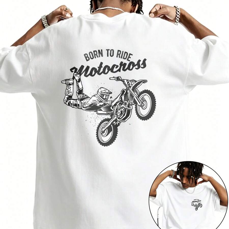 180g Pure Cotton Born To Ride Motocross Biker In Action Design Men's T-Shirt Spring Summer Outdoor Adventure Gift For Dad Boyfriend Husband Or Himself - Putih - View 1