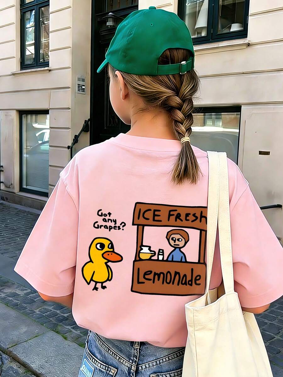 Tween Girl - Cartoon Print T-Shirt, Suitable For Girls' Daily Wear, Girls' Spring/Summer Casual Versatile Top - Pink - View 1