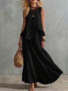 Women's Two-Piece Set, Sleeveless Ruffled Blouse And Long Ruffled Skirt - Black - View 3