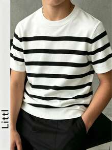 Boys' Classic Black And White Striped Knit Short Sleeve T-Shirt, Round Neck Slim Fit Basic Casual Summer Children's Knit Top - White - View 9