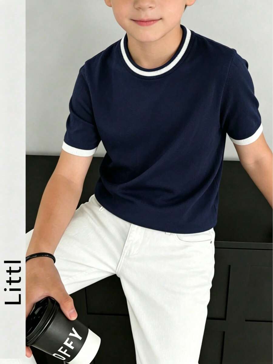 Children's Preppy Navy Blue Knit Short Sleeve Top, Striped Ribbed Collar And Cuffs With Contrast Trim, Solid Color Casual Everyday Sweater T-Shirt - Navy Blue - View 1