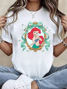 DISNEY Women's T-Shirt " Ariel" – New 2026 Short-Sleeve Top With Iconic Print, Round-Neck Casual Blouse, Suitable For Spring And Summer Outfits, Vacation And Beachwear, Everyday Wear And Themed Outfits (Machine Washable) - 白色 - 查看 1