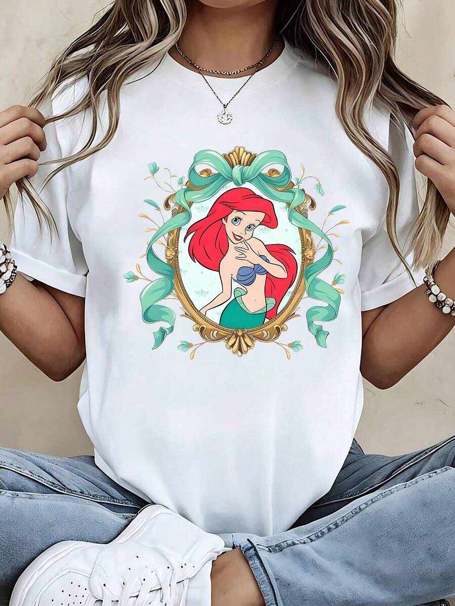DISNEY Women's T-Shirt " Ariel" – New 2026 Short-Sleeve Top With Iconic Print, Round-Neck Casual Blouse, Suitable For Spring And Summer Outfits, Vacation And Beachwear, Everyday Wear And Themed Outfits (Machine Washable) - 白色 - 查看 1