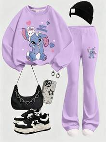 2pcs/Set Girls Casual Outfit, Cute Cartoon Print Sweatshirt & Long Pants, Soft Material, Suitable For Daily & School Wear - Purple - View 2