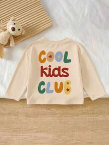 1pc Baby Boy Long Sleeve T-Shirt, "COOL KIDS CLUB" Print, Soft Fabric, Vintage Casual Style - Apricot - View 3