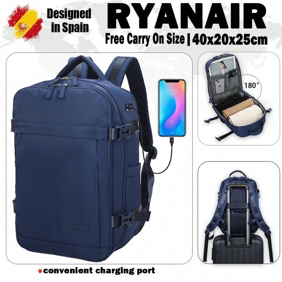 瑞安航空登机背包 40x20x25厘米(20升)| 防水旅行背包,可装14英寸笔记本电脑,带线缆穿孔 | 耐用登机行李包 | 多用途 | 黑色/海军蓝/粉色/米色/紫色 - 藏蓝色 - 查看 1