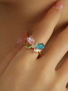 1 pièce Bague élégante et glamour multicolore en forme de papillon avec cubic zirconia cubique, bague ouverte éthérée mignonne pour femme, port quotidien, vacances, voyage, cadeau pour amis - Papillon - Voir 3