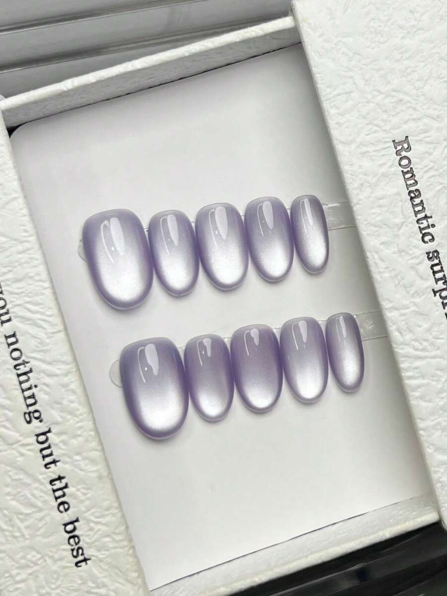 10片手工橢圓形美甲貼片 DIY 穿戴甲,壓克力短款淡紫色漸層貓眼美甲,極簡夏季 DIY 假指甲,適合女性與女孩,適用派對、日常、約會、職場、度假穿搭,可作為禮物,美甲用品 - 淡紫色 - 查看 1