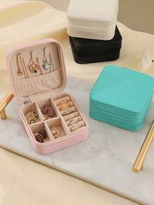 1pc Travel Jewelry Organizer Box, PU Leather Compact Jewelry Storage Box, Multi-Functional Jewelry Organizer, Jewelry Sorting And Storage, Mini Jewelry Box, Women's Gift, Simple Travel And Home Jewelry Storage Box, Pink Travel Essential - Square Jewelry Box - View 2
