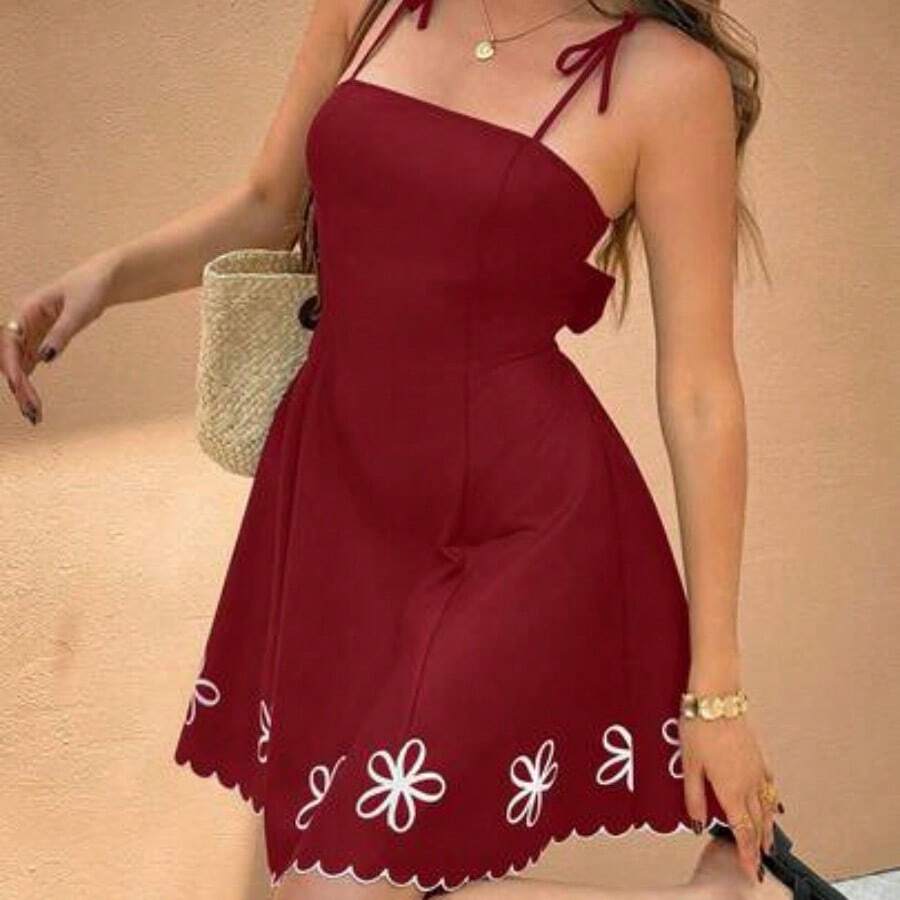 Nana's Women's Clothing Store Frenchy Vestido corto de mujer con tirantes de lazo para vacaciones - Burdeos - Ver 1