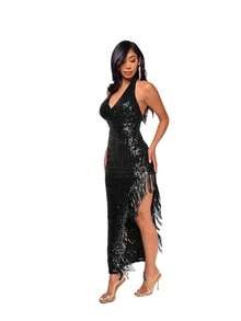 Vestido Halter Lentejuelas y Flecos Espalda Descubierta con Abertura Nuevo - Negro - Ver 2