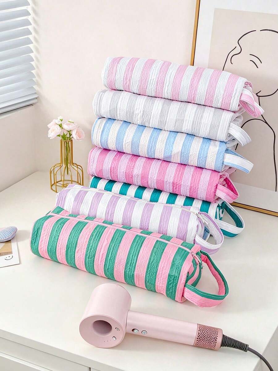 Fashion Striped Pattern Curling Iron Bag, Quilted Hair Dryer Storage Box, Straight Hair Stick Storage Bag, Waterproof Toiletries Bag, Makeup Handbag - Multicolor - View 1