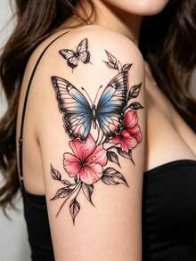 5-Piece Cute And Fashionable Couple Colored Butterfly Rose Pattern Disposable Waterproof Tattoo Sticker, Easy To Apply And Remove, Suitable For Women's Arms, Chest, Feet And Legs, Perfect For Music Festival Party Decoration - Multicolor - View 5
