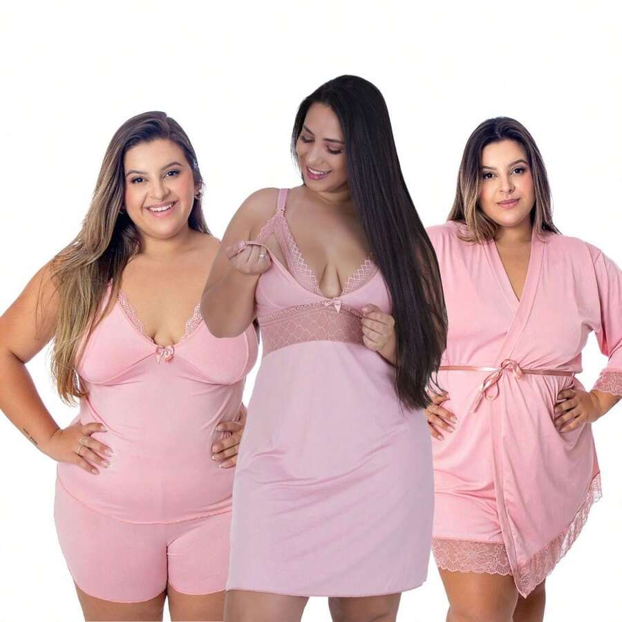 Plus Size 3-Piece Maternity Kit: Baby Doll, Nursing Nightgown, And Robe - 粉色 - 查看 1