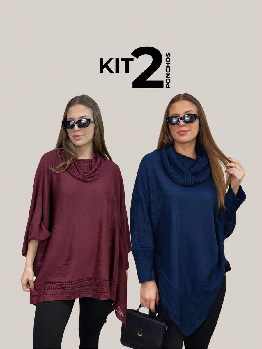 VIA CLOSET Kit Of 2 Women's Knitted Ponchos, Knitted Blankets, High Neck, Wool Coats For Winter - Borgoña/Azul marino - Ver 1