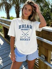 BRIAR Women's College Hockey Theme Print Short Sleeve T-Shirt, Print Design, Crew Neck, Soft, Breathable.Spring Summer Top - 白色 - 查看 3