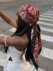 1 chiếc khăn bandana satin in họa tiết đơn giản màu hồng, phụ kiện tóc thời trang xuân mới cho nữ, có thể dùng làm thắt lưng, ruy băng, băng đô hoặc khăn quấn đầu - Đỏ - Xem 3