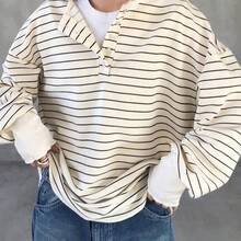 Camiseta holgada de murciélago a rayas casual para mujer, otoño - Marrón - Ver 4
