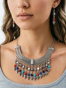 1pc Hong Kong Style Bohemian Exotic Vintage Heavy Craft Luxury Versatile Fashion Necklace & Earrings Set - Multicolor - View 4