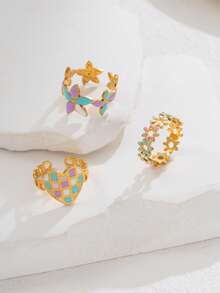 Juego de 3 anillos de acero inoxidable de color dorado con gota de aceite colorida, estilo vintage y de moda para mujer, adecuado para uso diario o como regalo - Amarillo Oro - Ver 4