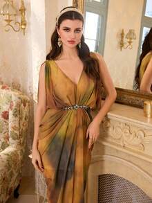 Elegant Women's Long Formal Dress, Deep V-Neck, Woven Fabric, Asymmetric Ruffle Design, Waist Rhinestone Detail, Open Back, Banquets Wedding Party - Multicolor - View 6