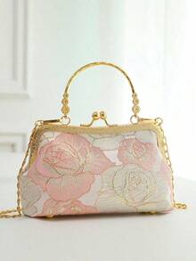 Simple Shoulder Bag Handbag Clutch Cheongsam Bag Crossbody Bag Multi-Purpose Chinese Style Women Bag Valentines, Vintage Rose Pattern Jacquard Evening Clutch, Local Delivery Bolsos Para Mujer Carteras Para Mujer, Gold Trim Handle Crossbody Purse, Ideal For Bridal Party Dating Formal Events, Spring Summer Casual & Elegant Use, Great Birthday Gift, Independence Day Celebration Bag - 粉色 - 查看 7