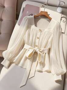 Women's Regular Size, Semi-Sheer Chiffon Top, Solid Color Knit Material, Decorative Gold Metal Buttons, Waist Tie. Elegant And Sexy Chiffon Blouse For Women. - 杏 - 查看 8