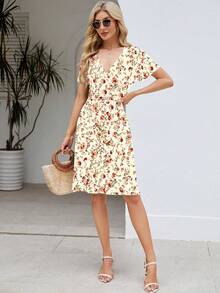 Womens Summer Dresses For Women 2026 Spring Floral Sundress Short Sleeve V Neck Wrap Dress With Pockets Festival Outfits Elegant Dress For Women Dress For Women - 10 杏花 - 查看 5