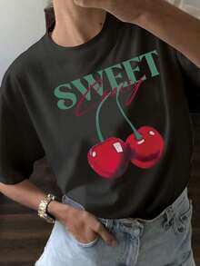 Print T-Shirts, Funny Oversized T-Shirts For Women, New Season Products, Casual Short Sleeve Crew Neck T-Shirt For Women. Cherry And Letter Print. 1 Pc, 7JWF - 黑色 - 查看 1